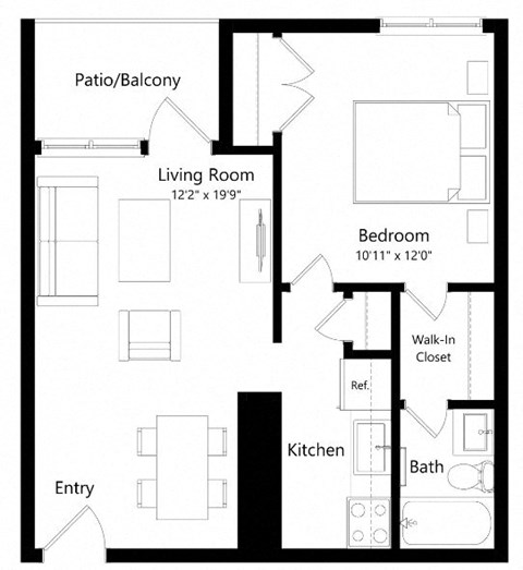 Floor plan for 1 bed, 1 bath, 576 sqft